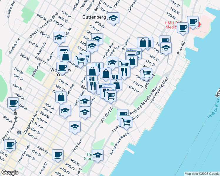 map of restaurants, bars, coffee shops, grocery stores, and more near 6035 Park Avenue in West New York