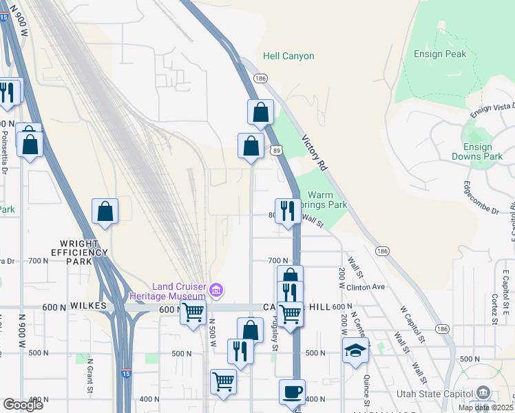 map of restaurants, bars, coffee shops, grocery stores, and more near 370 West 800 North in Salt Lake City