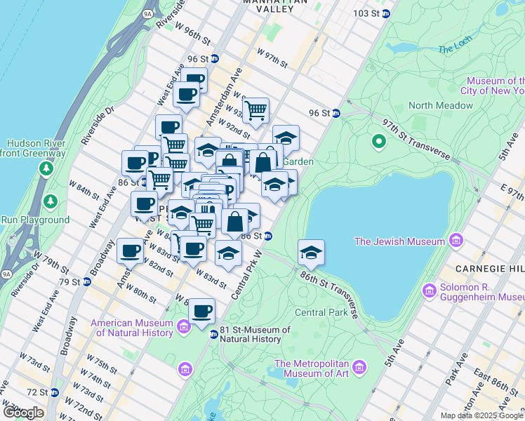 map of restaurants, bars, coffee shops, grocery stores, and more near 23 West 88th Street in New York