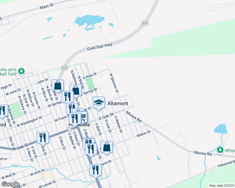 map of restaurants, bars, coffee shops, grocery stores, and more near 28 North Spencer Street in Frackville
