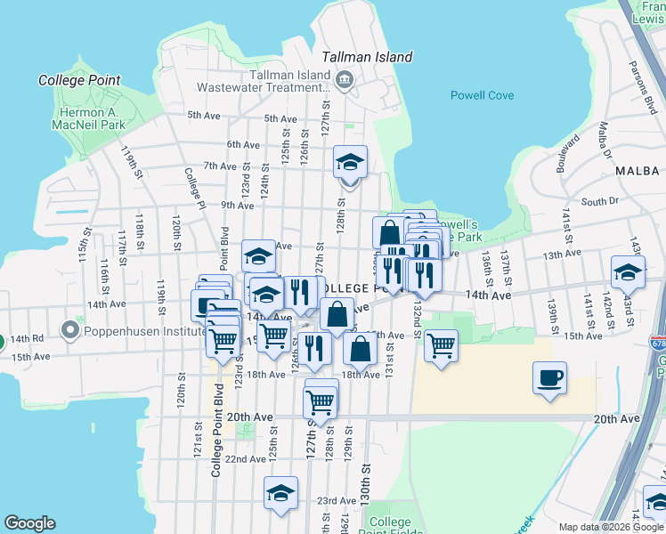 map of restaurants, bars, coffee shops, grocery stores, and more near 11-44 128th Street in Queens