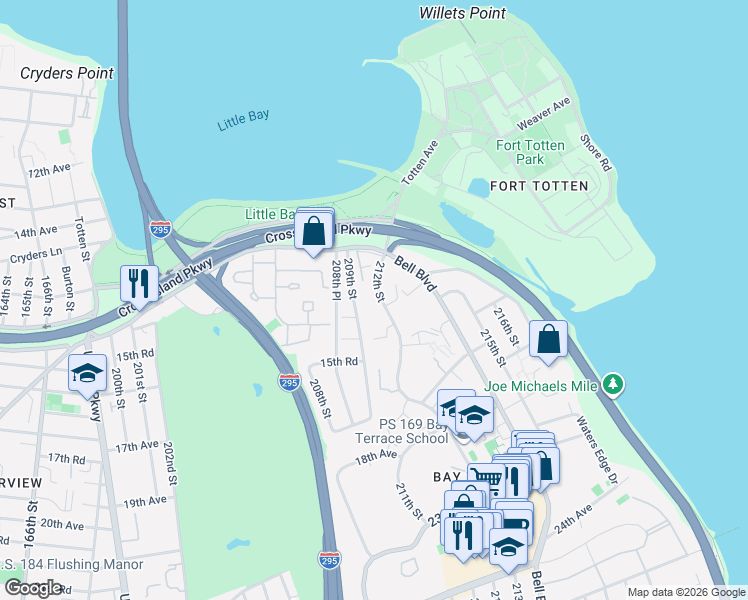 map of restaurants, bars, coffee shops, grocery stores, and more near 4 209th Street in Queens