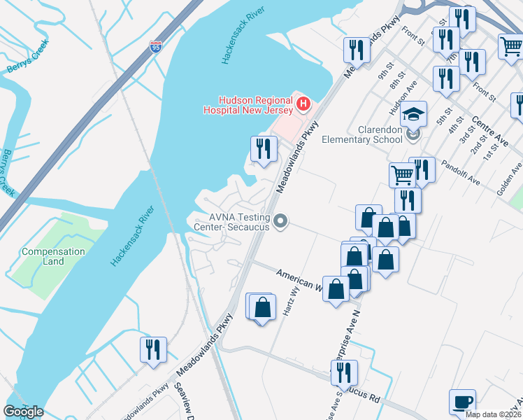 map of restaurants, bars, coffee shops, grocery stores, and more near 389 Whimbrel Lane in Secaucus