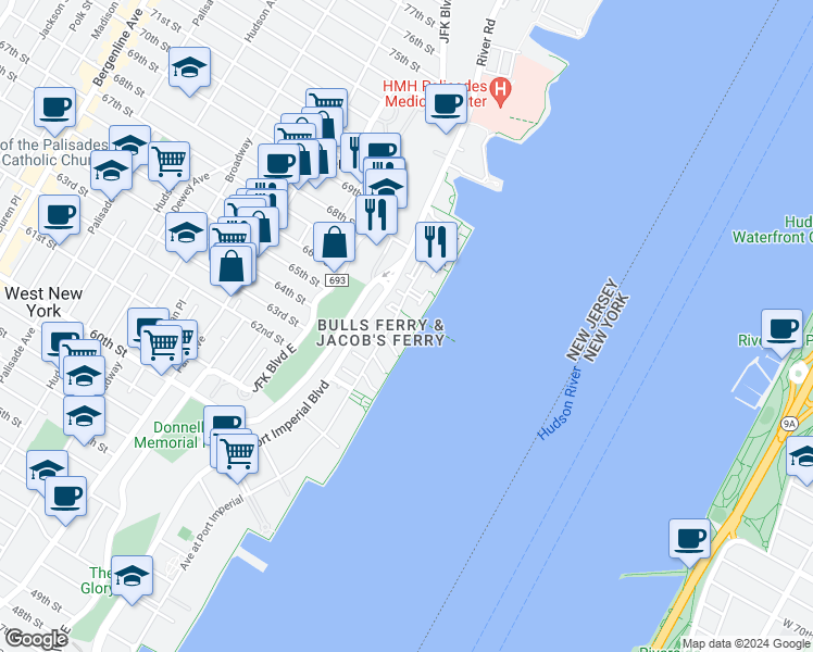 map of restaurants, bars, coffee shops, grocery stores, and more near 500 Fulton Court in West New York