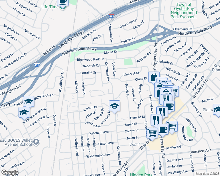 map of restaurants, bars, coffee shops, grocery stores, and more near 5 Radcliffe Court in Syosset