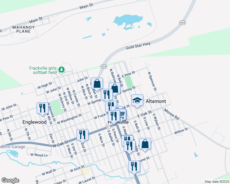 map of restaurants, bars, coffee shops, grocery stores, and more near 105 North Cherry Street in Frackville