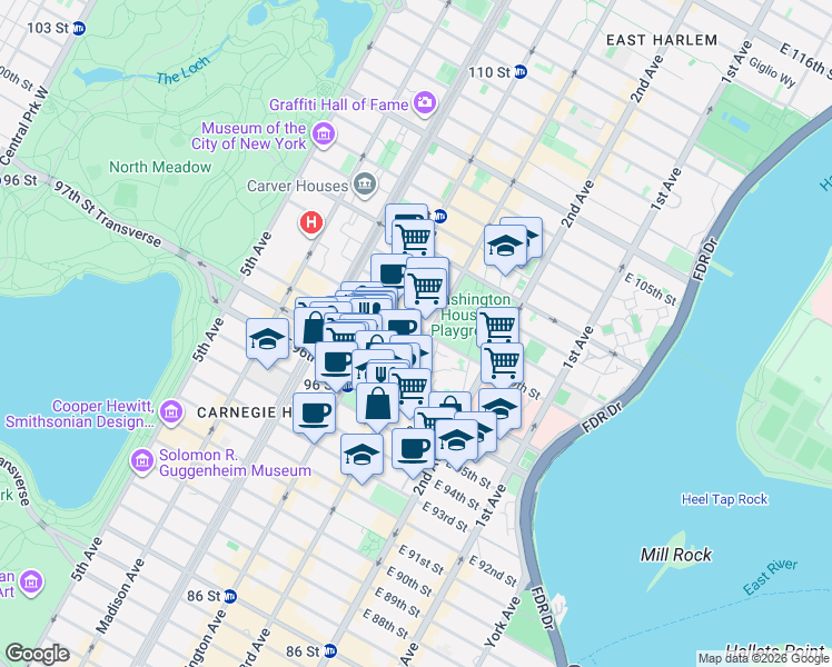map of restaurants, bars, coffee shops, grocery stores, and more near 1782 3rd Avenue in New York