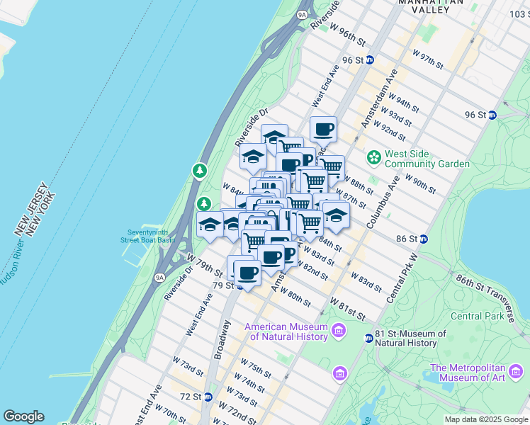 map of restaurants, bars, coffee shops, grocery stores, and more near 2299 Broadway in New York