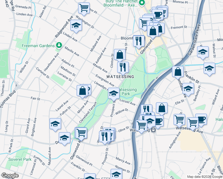 map of restaurants, bars, coffee shops, grocery stores, and more near 114 Glenwood Avenue in Bloomfield