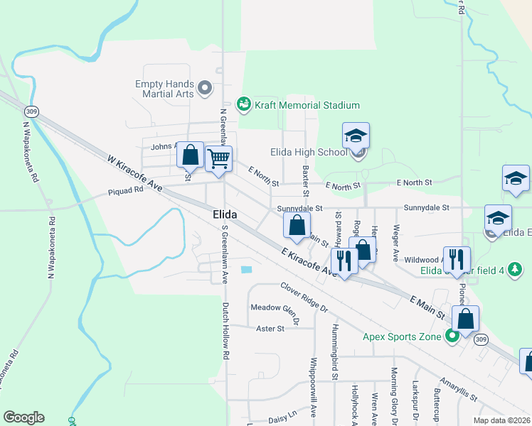 map of restaurants, bars, coffee shops, grocery stores, and more near 150 East Main Street in Elida