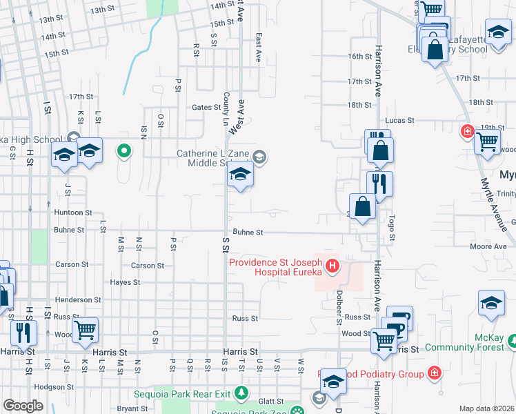 map of restaurants, bars, coffee shops, grocery stores, and more near 1917 Buhne Street in Eureka