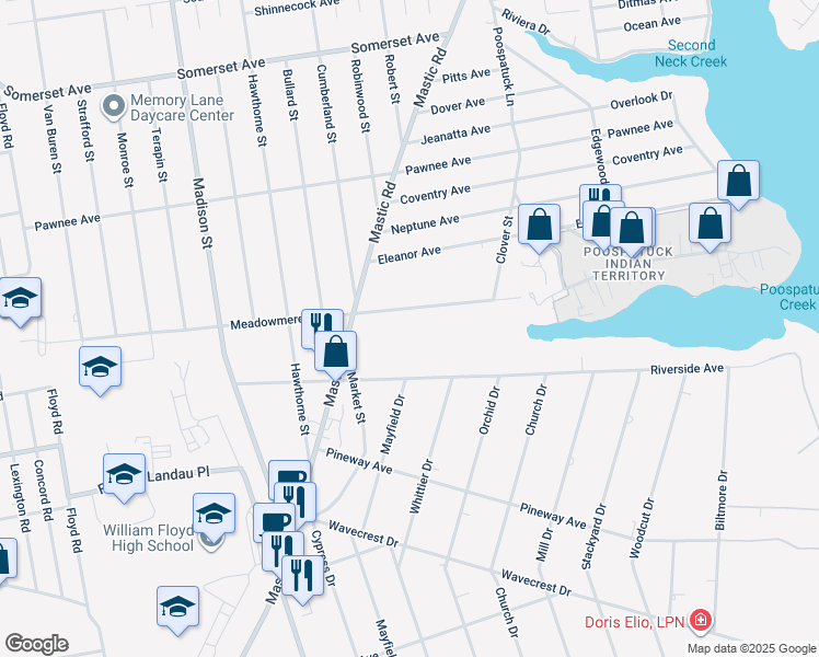 map of restaurants, bars, coffee shops, grocery stores, and more near 145 Riverside Avenue in Mastic Beach