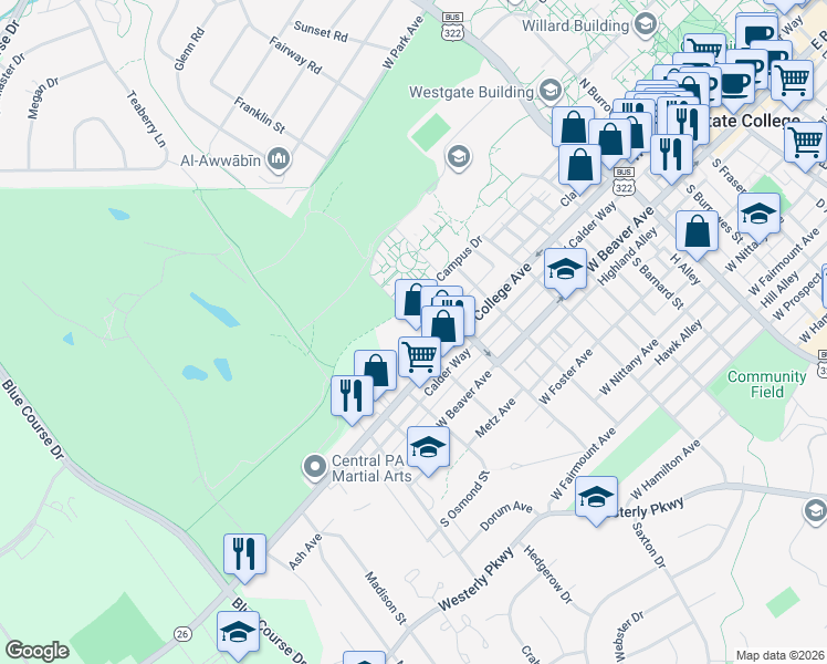 map of restaurants, bars, coffee shops, grocery stores, and more near 112 North Butz Street in State College