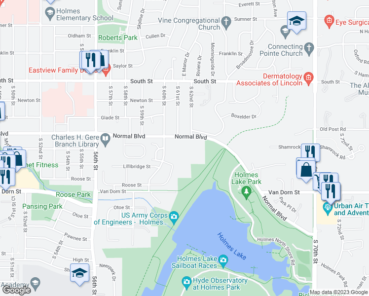 map of restaurants, bars, coffee shops, grocery stores, and more near 6101 Normal Boulevard in Lincoln