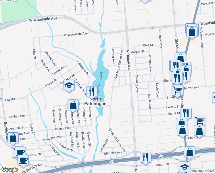 map of restaurants, bars, coffee shops, grocery stores, and more near 11 Poe Place in Patchogue