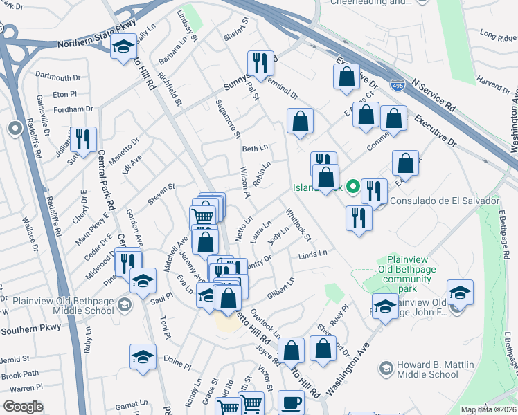 map of restaurants, bars, coffee shops, grocery stores, and more near 40 Netto Lane in Plainview