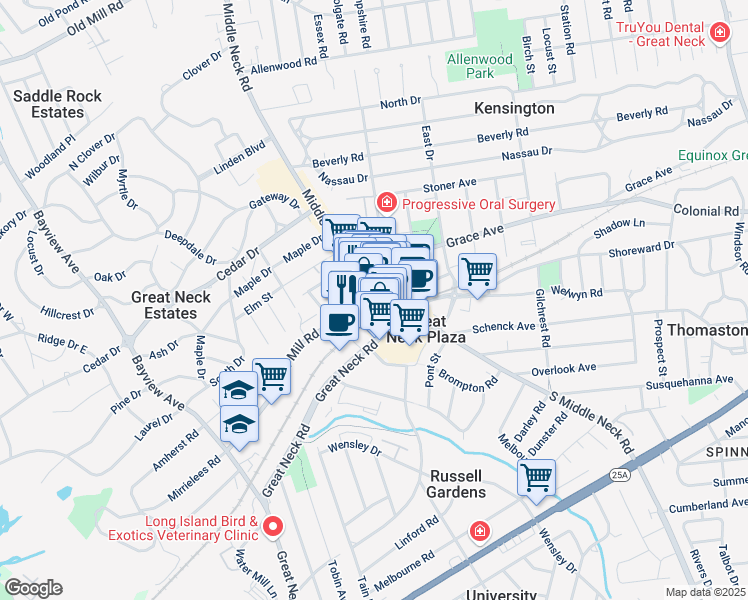 map of restaurants, bars, coffee shops, grocery stores, and more near 33-43 Great Neck Road in Great Neck