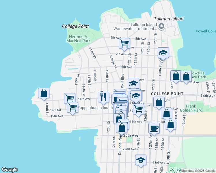 map of restaurants, bars, coffee shops, grocery stores, and more near 12-38 120th Street in Queens