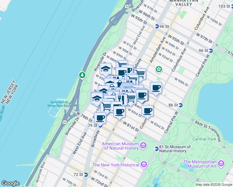 map of restaurants, bars, coffee shops, grocery stores, and more near in New York
