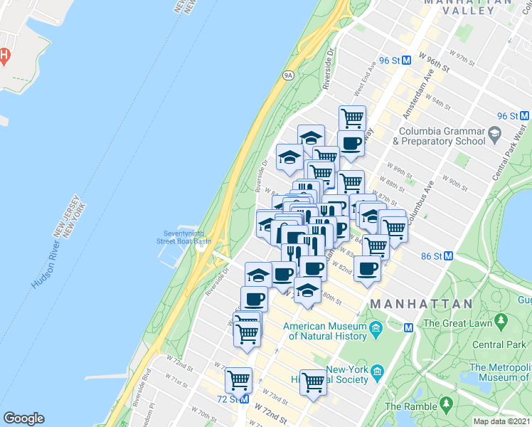 map of restaurants, bars, coffee shops, grocery stores, and more near 301 West 82nd Street in New York