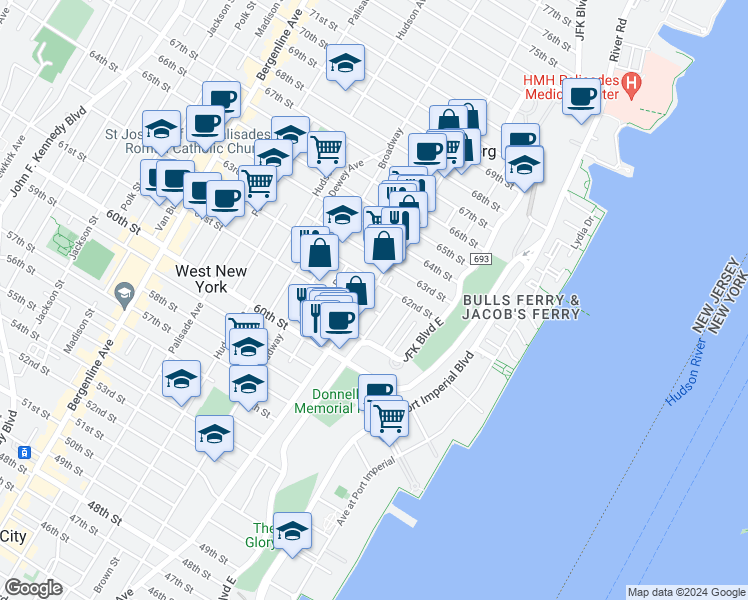 map of restaurants, bars, coffee shops, grocery stores, and more near 6100 Monitor Place in West New York