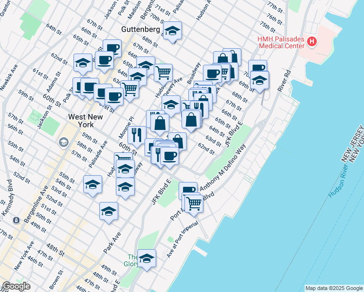 map of restaurants, bars, coffee shops, grocery stores, and more near 6100 Monitor Place in West New York