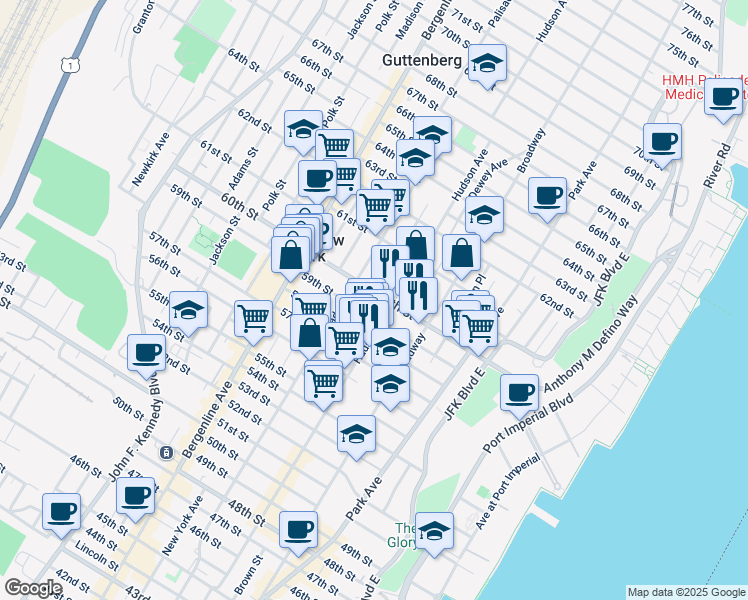 map of restaurants, bars, coffee shops, grocery stores, and more near 5900 Hudson Avenue in West New York