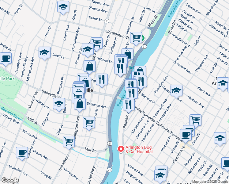 map of restaurants, bars, coffee shops, grocery stores, and more near 4 Rutgers Street in Belleville