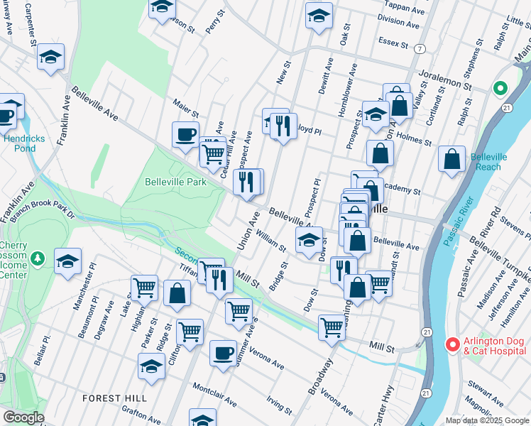 map of restaurants, bars, coffee shops, grocery stores, and more near 54 Smith Street in Belleville