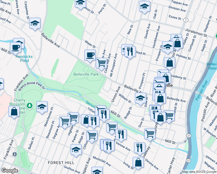 map of restaurants, bars, coffee shops, grocery stores, and more near 32 Wilson Place in Belleville