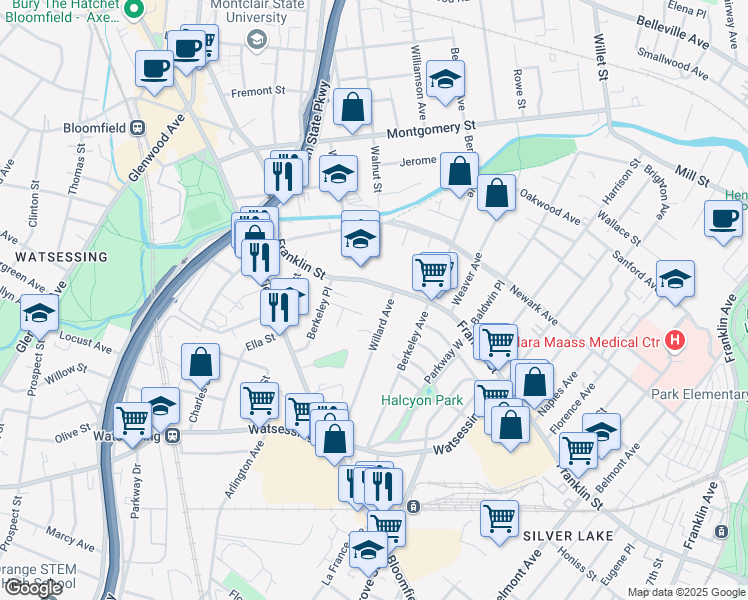 map of restaurants, bars, coffee shops, grocery stores, and more near 13 Kilmer Court in Bloomfield