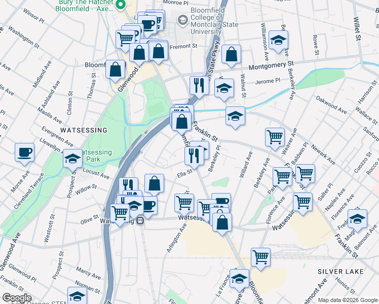 map of restaurants, bars, coffee shops, grocery stores, and more near 70 Hill Street in Bloomfield