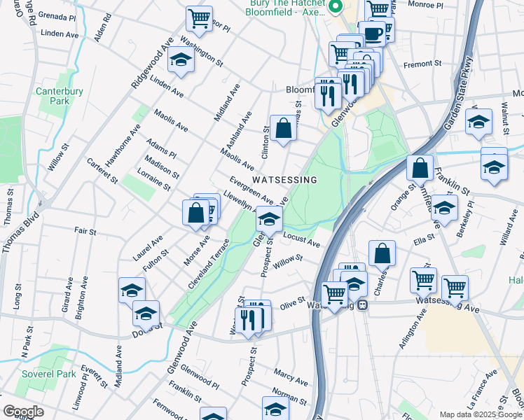 map of restaurants, bars, coffee shops, grocery stores, and more near 114 Glenwood Avenue in Bloomfield