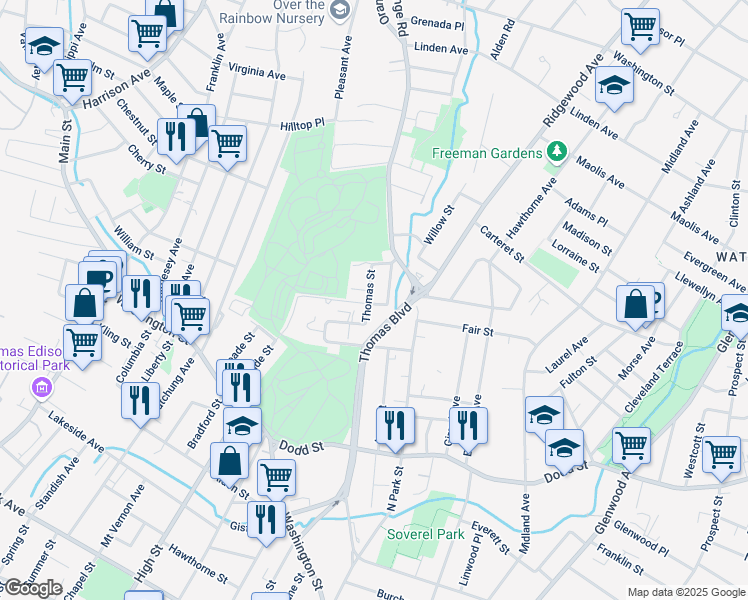 map of restaurants, bars, coffee shops, grocery stores, and more near 576a Thomas Street in City of Orange