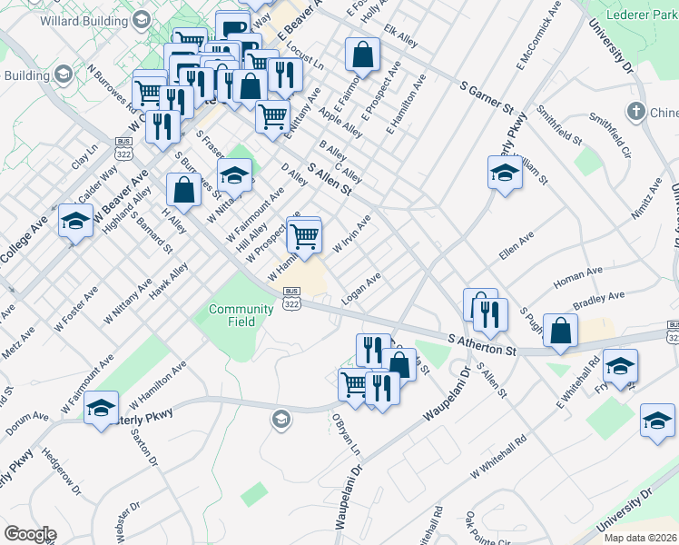 map of restaurants, bars, coffee shops, grocery stores, and more near 827 South Atherton Street in State College
