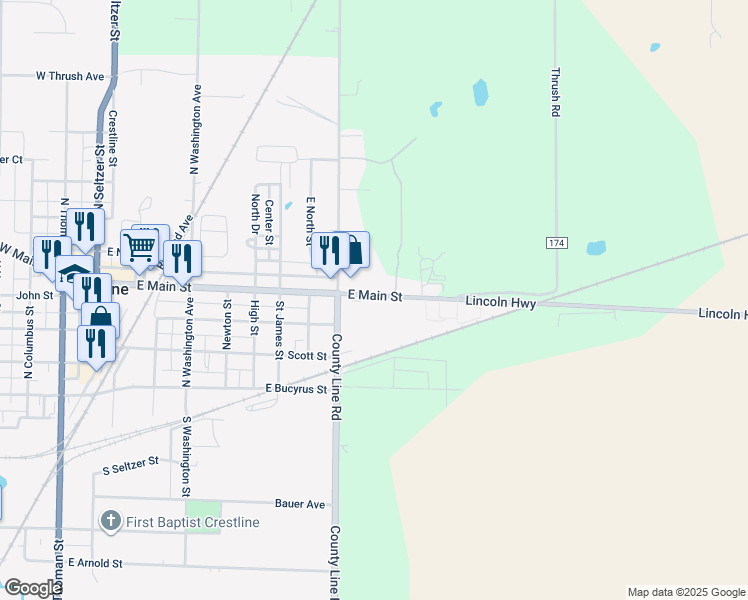 map of restaurants, bars, coffee shops, grocery stores, and more near 926 East Main Street in Galion