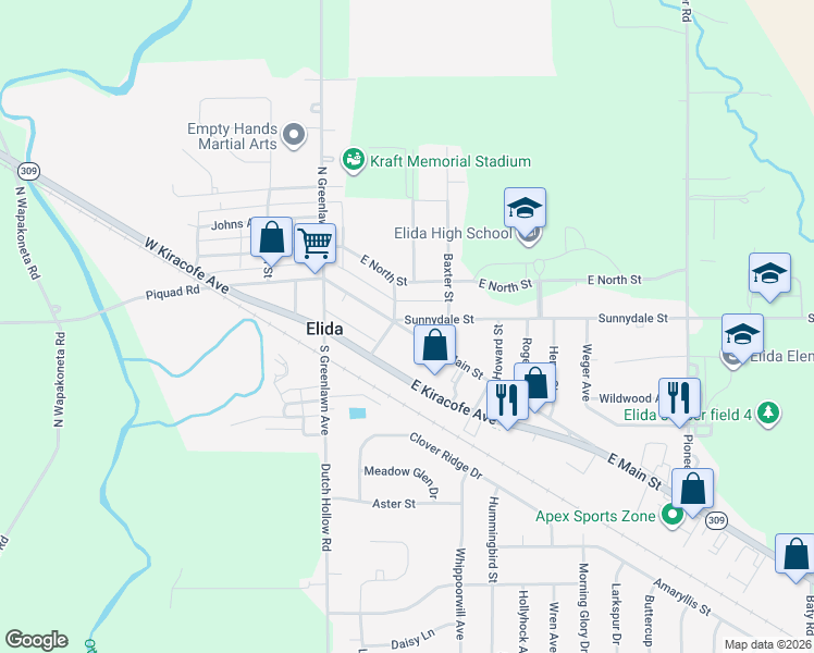map of restaurants, bars, coffee shops, grocery stores, and more near 203 East Kiracofe Avenue in Elida
