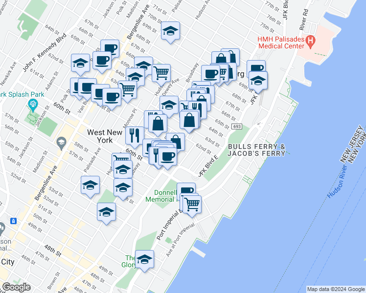 map of restaurants, bars, coffee shops, grocery stores, and more near 6114 Park Avenue in West New York