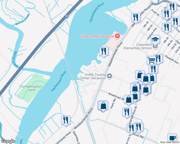 map of restaurants, bars, coffee shops, grocery stores, and more near 211 Sandcastle Key in Secaucus