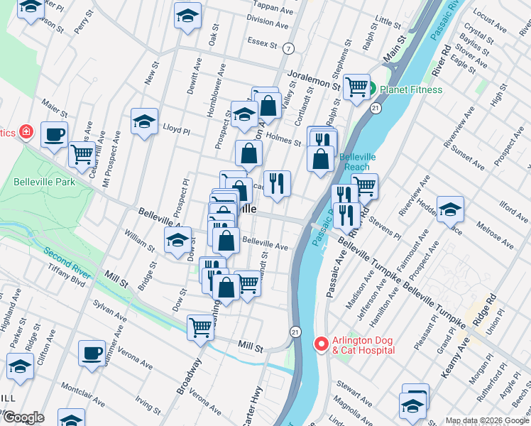 map of restaurants, bars, coffee shops, grocery stores, and more near 149 Cortlandt Street in Belleville