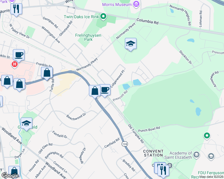 map of restaurants, bars, coffee shops, grocery stores, and more near 20 Normandy Boulevard in Morristown