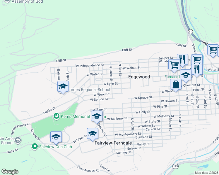 map of restaurants, bars, coffee shops, grocery stores, and more near 1601-1685 West Wood Street in Edgewood