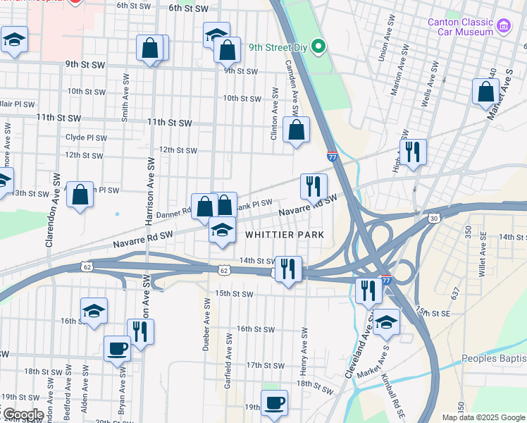 map of restaurants, bars, coffee shops, grocery stores, and more near 1338 Scoville Avenue Southwest in Canton