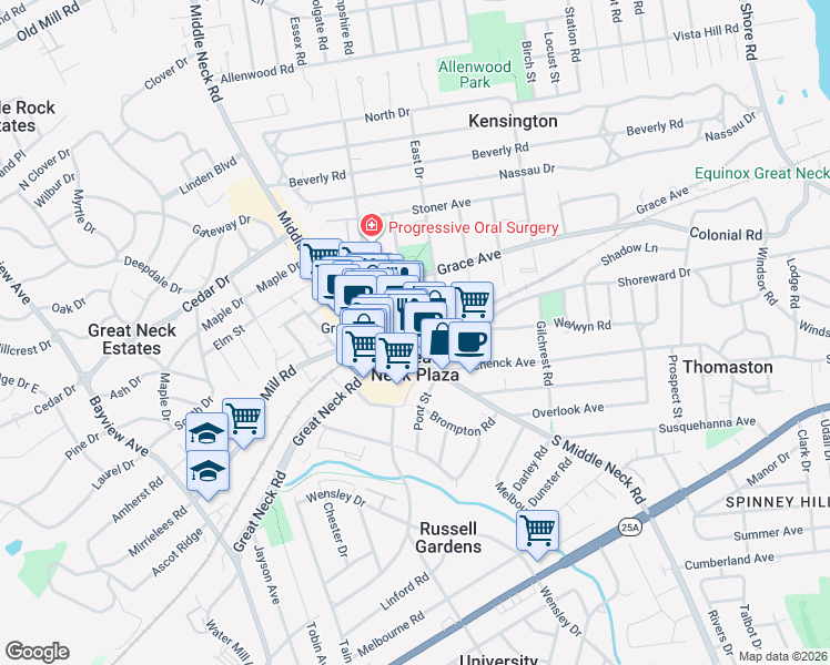 map of restaurants, bars, coffee shops, grocery stores, and more near 41 South Station Plaza in Great Neck Plaza