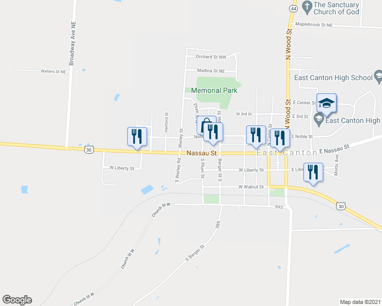 map of restaurants, bars, coffee shops, grocery stores, and more near 427 Nassau Street in East Canton