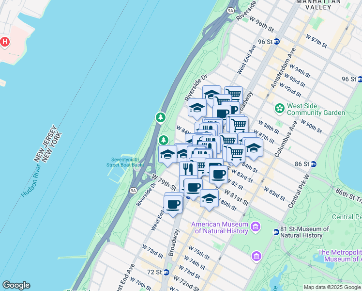 map of restaurants, bars, coffee shops, grocery stores, and more near 301 West 82nd Street in New York