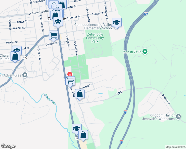 map of restaurants, bars, coffee shops, grocery stores, and more near 202 Dominican Way in Zelienople