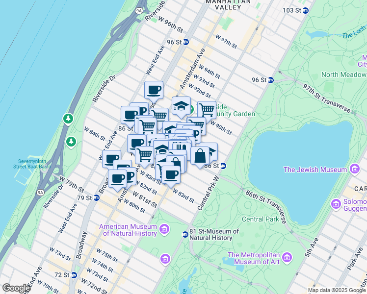 map of restaurants, bars, coffee shops, grocery stores, and more near 110 West 87th Street in New York