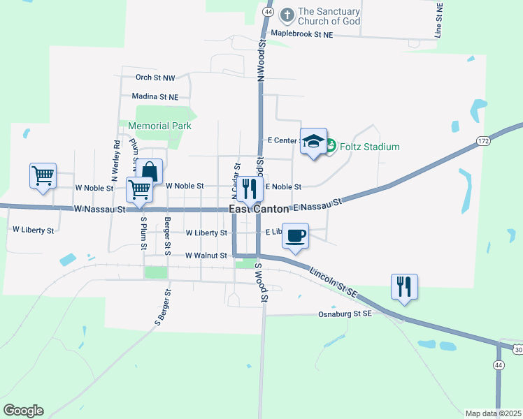 map of restaurants, bars, coffee shops, grocery stores, and more near 131 East Nassau Street in East Canton