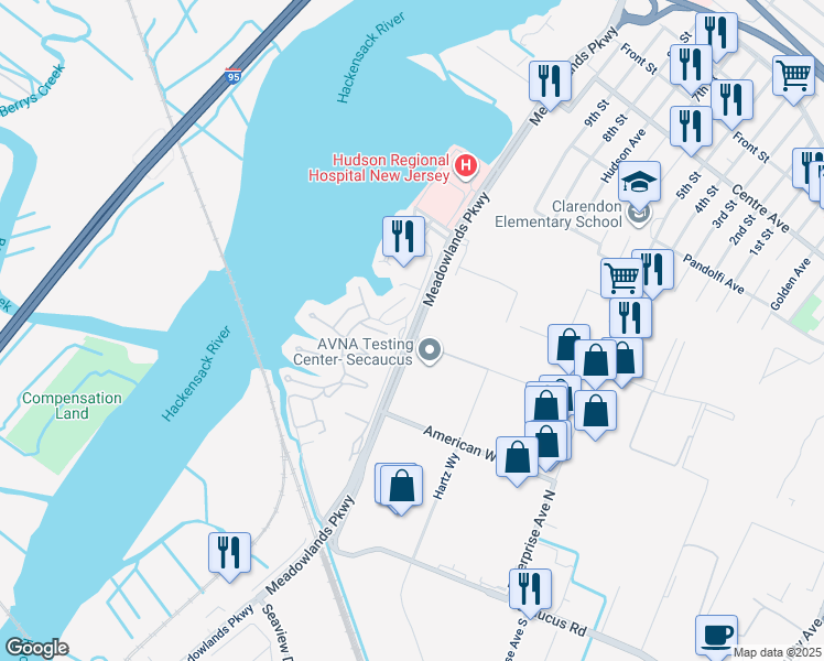 map of restaurants, bars, coffee shops, grocery stores, and more near Meadowlands Parkway in Secaucus